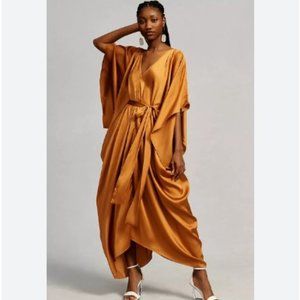 Anthropologie Satin Wrap Caftan Dress in Mustard Gold